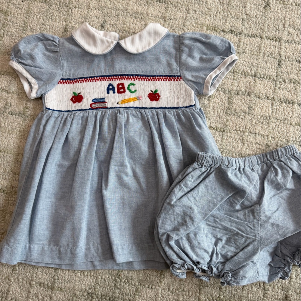 Blue Smocked Baby Dress with ABC Embroidery